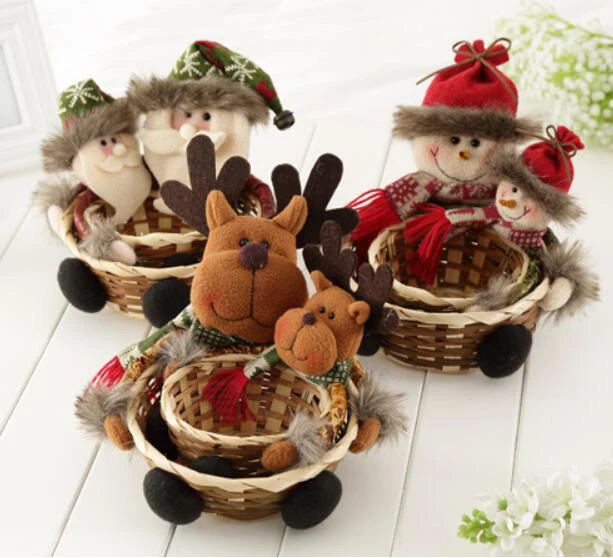 

Рождественская плетеная корзина для конфет ручной работы, подарочная упаковочная коробка, милый мультяшный Санта-Клаус, корзина для фруктов, снеговик, лось, кукла, Рождественский Декор