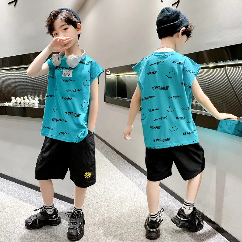 

Kids boys summer track suit letters printed short-sleeved T-shirt Smile + Shorts 2pcs sets of new big virgin suit