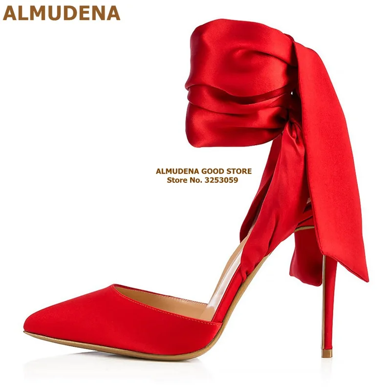 ALMUDENA/красные атласные босоножки с большим бантом; свадебные туфли на шпильке из шелковой ткани со шнуровкой и бантом; туфли-лодочки для сцены в стиле знаменитостей