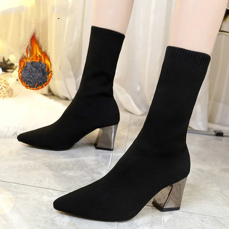 Новые ботильоны Сезон осень Эластичные вязаные сапоги с острым носком Женская