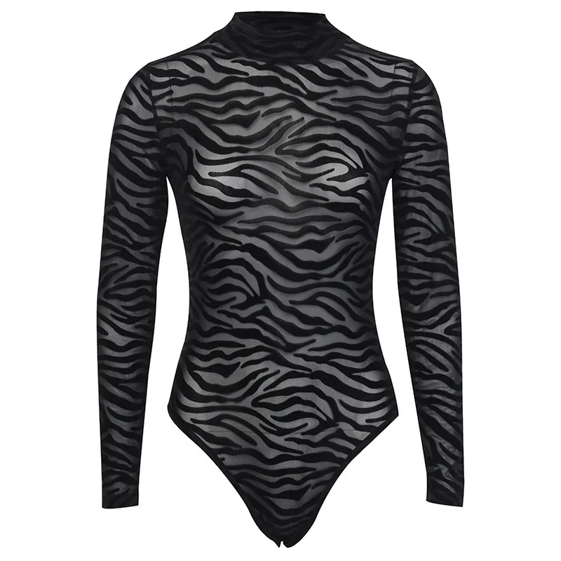 

Spring/fall Black Zebra Print Jumpsuit Briefs Dark Fashion High Neck Tight-fitting Bottoming Shirt Metal Gothic Sexy Ladies Tops