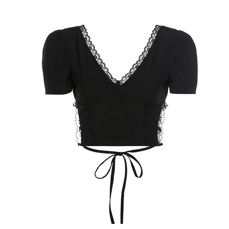 

Eversea Backless Lace Border Tops Women Summer New Sexy Minimal Style Back Strap Cross Midriff-Baring Strap Cross Waist T-shirt