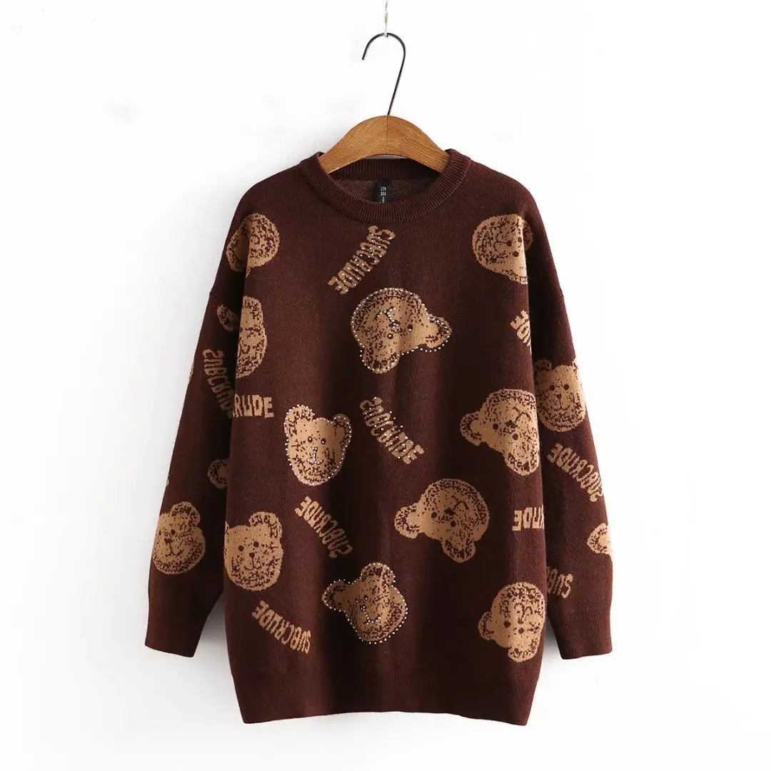 

Женский трикотажный жаккардовый свитер с круглым вырезом, темно-кофейного цвета