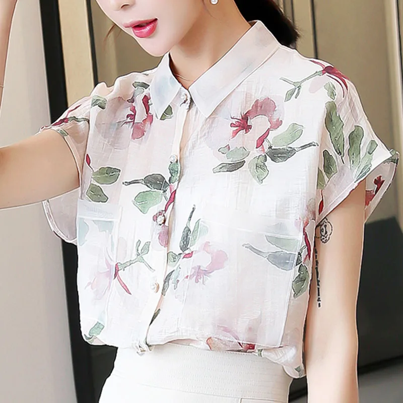 2021 Summer Fashion Women Chiffon Blouses Short Sleeve Turn-down Collar Clothing Casual Floral Tops 5101 50 | Женская одежда