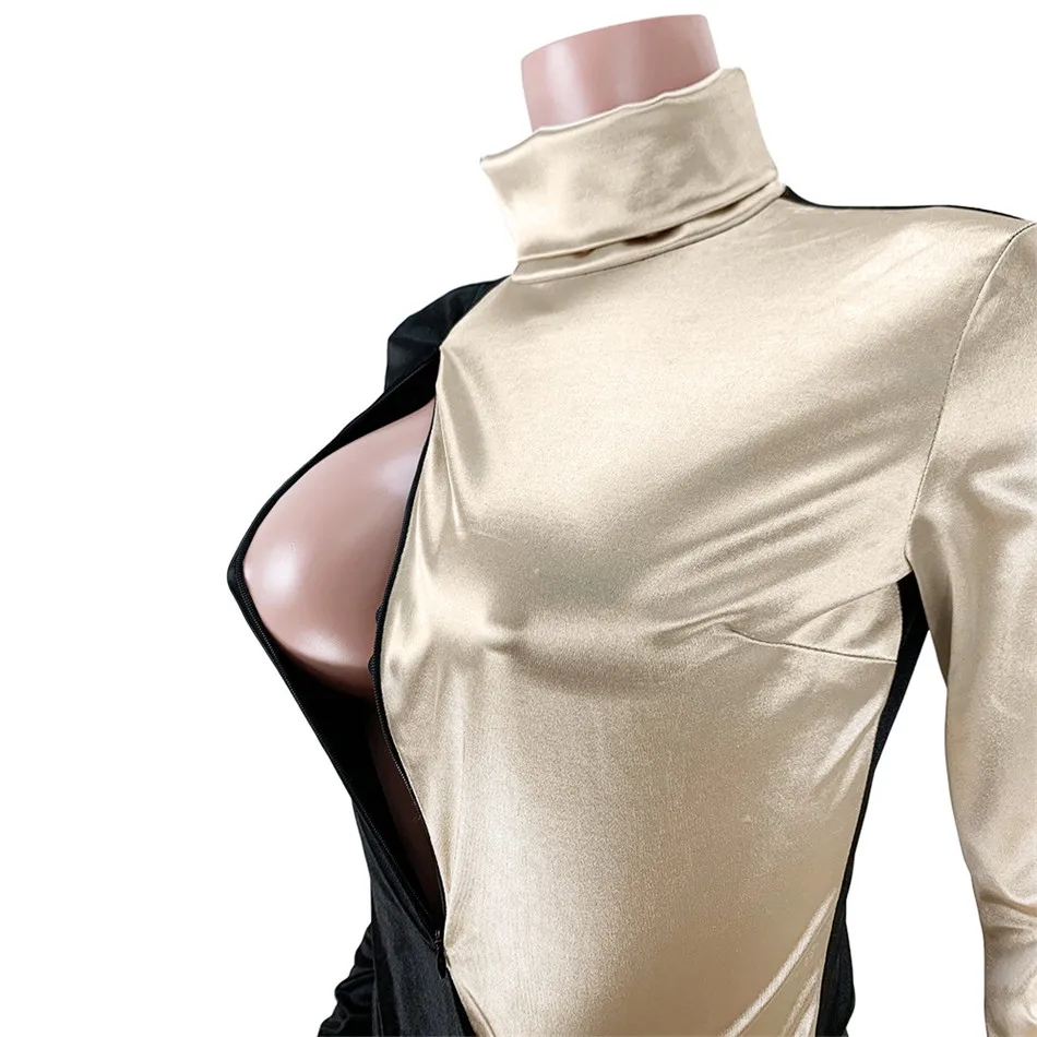 

Women Sexy Dresses Color Block Mesh Spliced Night Club Party Skinny Zippers Turtleneck Dress Full Sleeve Panelled Bandage