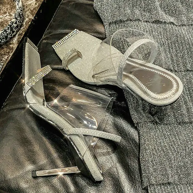 Silver-8cm heel Летние сандалии со стразами; Лидер продаж; прозрачные сандалии из пвх; модельные туфли с открытым носком и прозрачным металлическим каблуком - Цвет: Silver-8cm heel