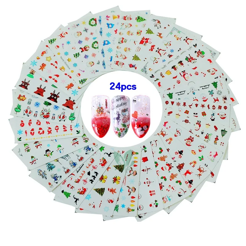 

24pcs/set Nail Christmas Sticker Decals Santa Claus Snowflake Elk Snowman Water Transfer Slider Wraps Manicure Xmas Designs