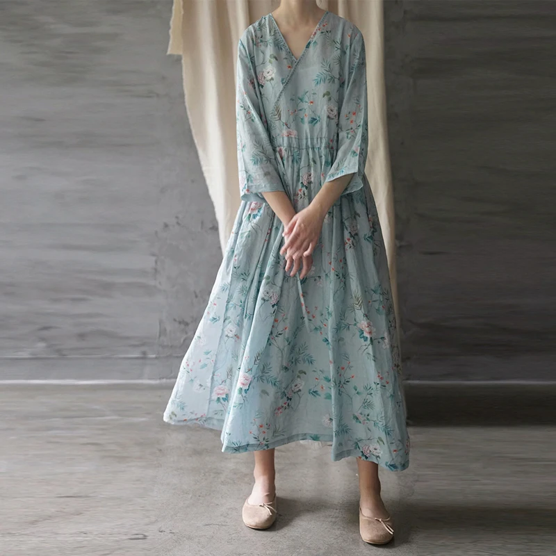 Винтажное свободное платье макси с принтом и рукавом три четверти летнее v