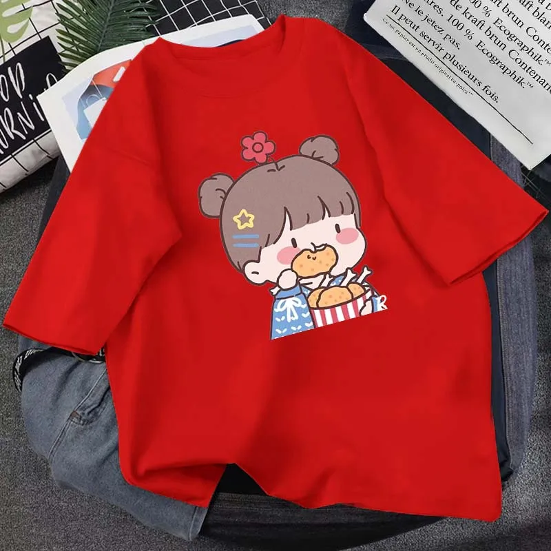 

Cute Chicken Leg Flower Girl Print Summer New T-Shirt Simple Casual Pure Cotton 14-Color Short-Sleeved Cartoon Round Neck Top