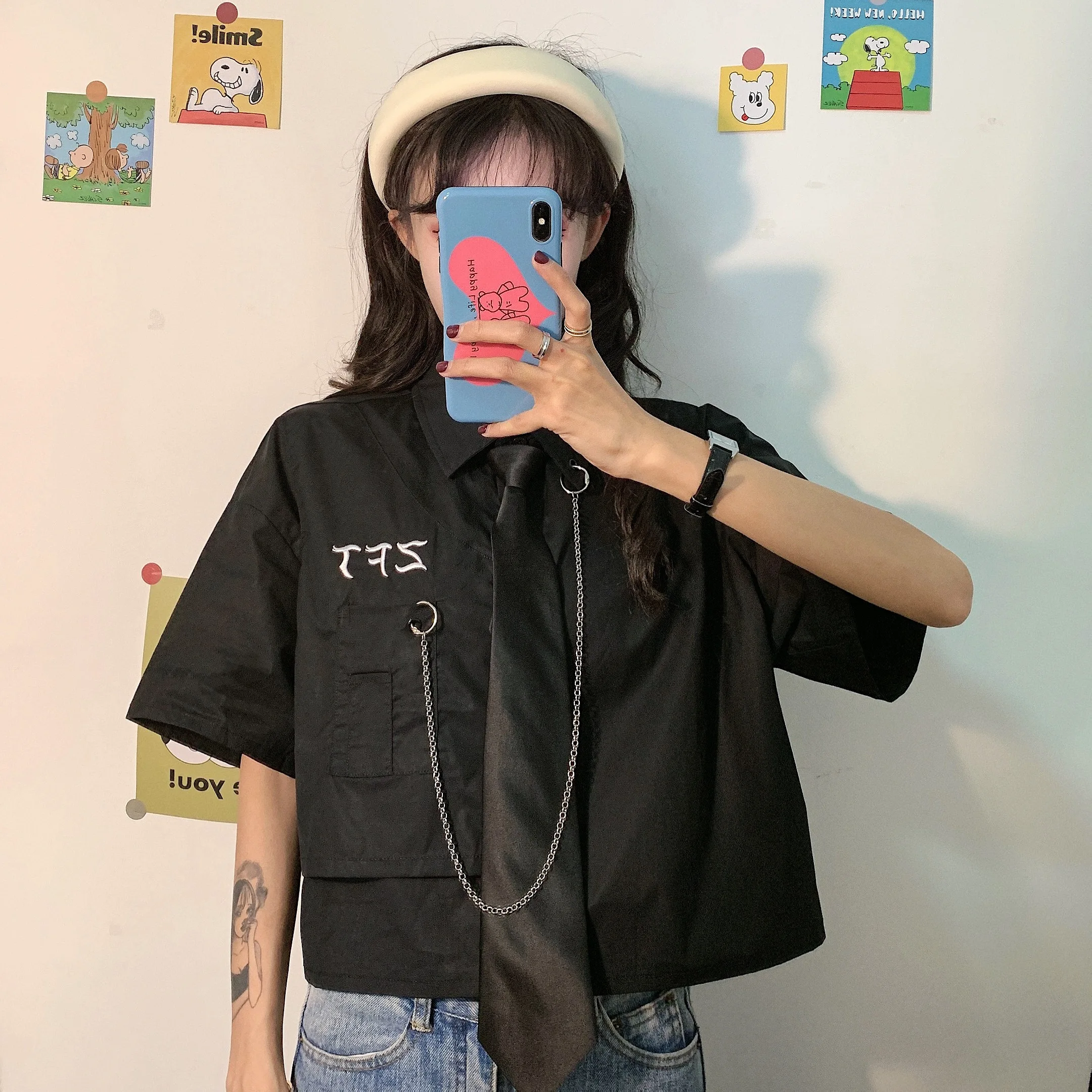 

Korean Summer New Harajuku Casual Loose Blouse Shirt Vintage College Style Tie Embroidery Letter Tooling BF Short Sleeve Shirt