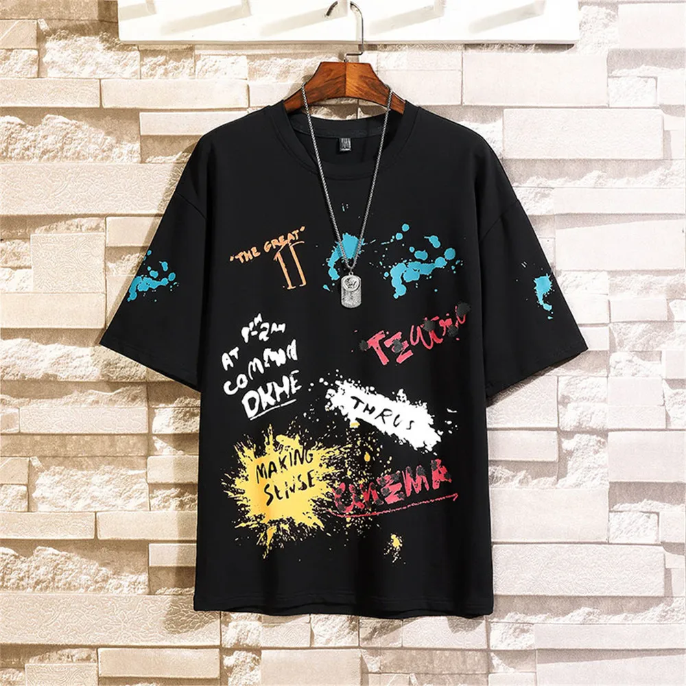 

2020new Summer Cotton Harajuku Black Short Sleeve Tops Tees Japanese loose T Shirt Mens Punk Hip Hop Graffiti Tshirt Streetwear