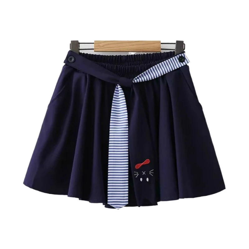 

Merry Pretty Women's Hight Wasit Pleated Skirts Cartoon Cat Embroidery Navy Blue Mini Skirts 2019 Elasticity Waist Sweet Skirt