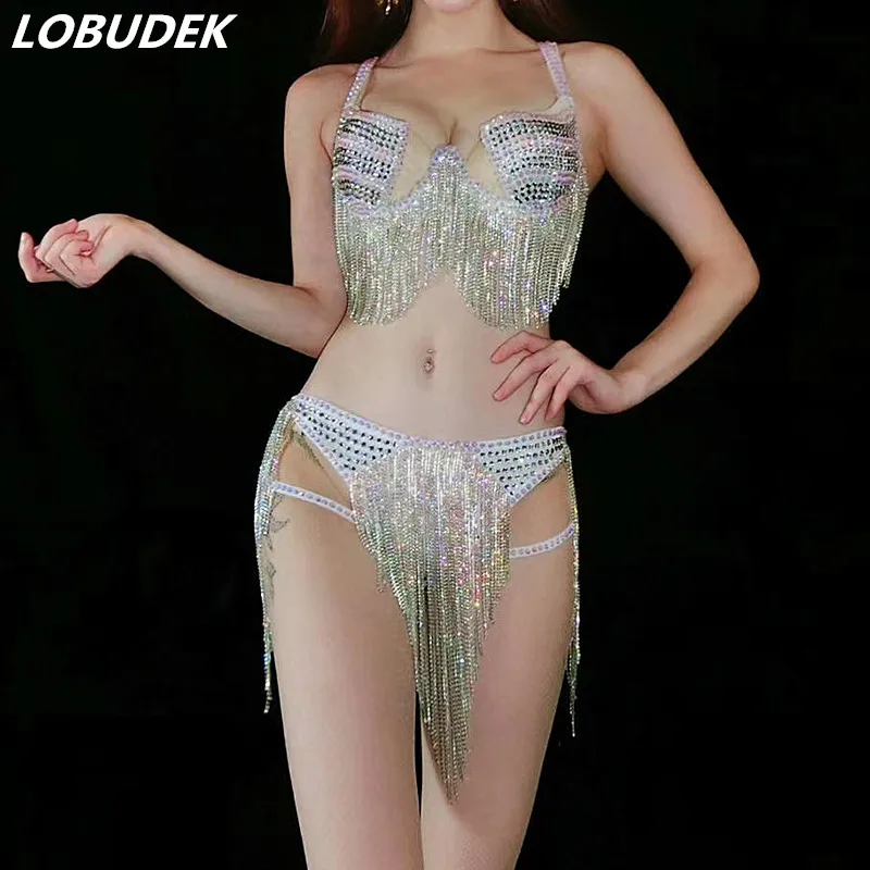 Блестящие стразы набор бикини кисточки Сексуальные Кристаллы бахрома нижнее