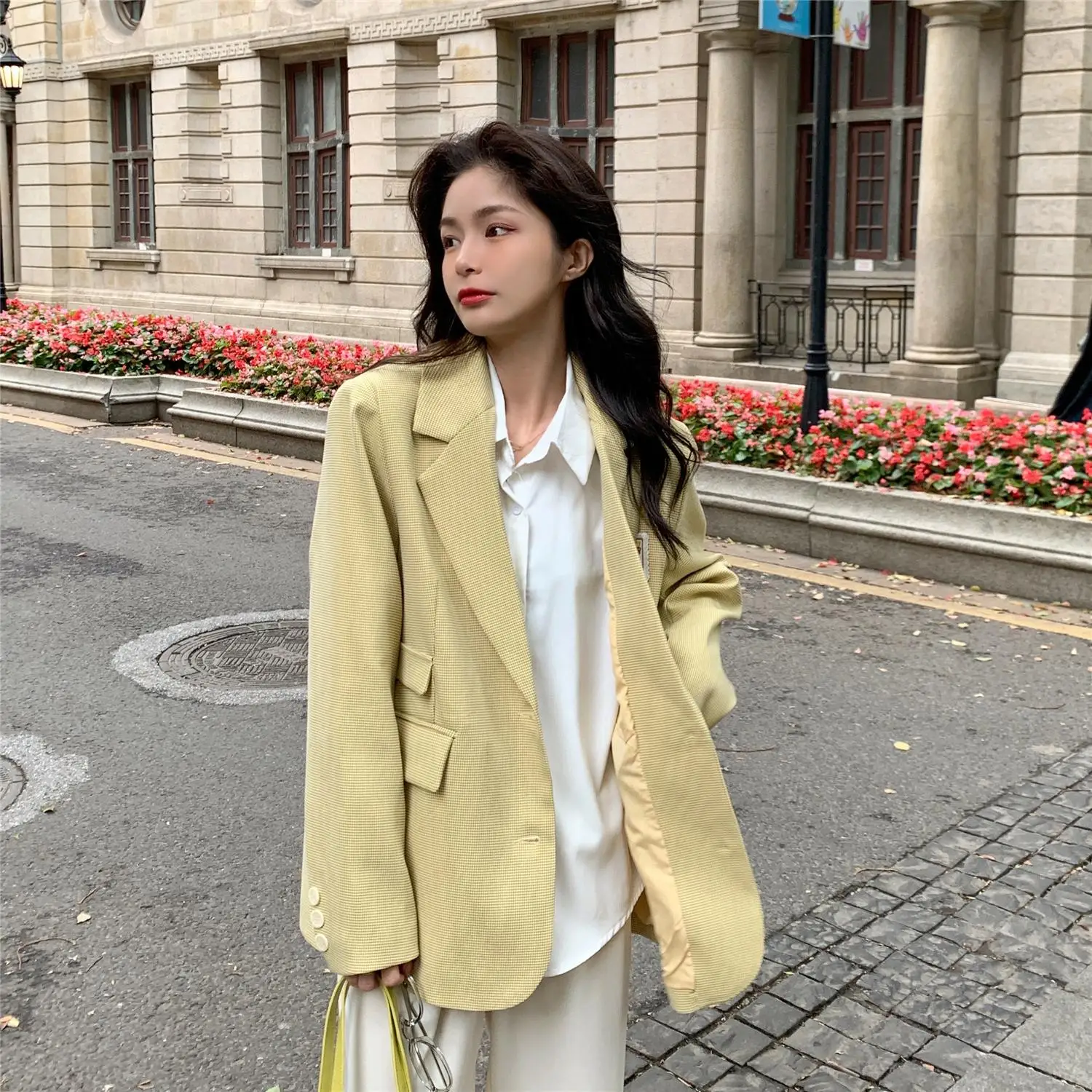 

Mozuleva Jacket Yellow Squares Female Korean Restoring Ancient Design Relaxed Leisure Blazer