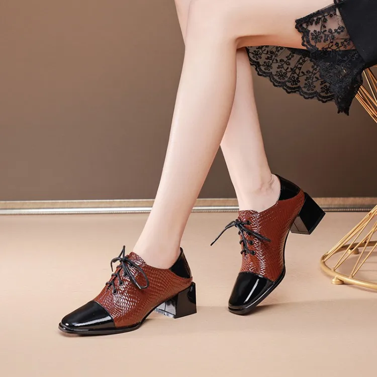 

GPOKHDS 2021 Women Pumps Soft Cow leather Autumn Spring Lace Up Mixed Colors Square Heel Round toe High Heels Pumps Size 40