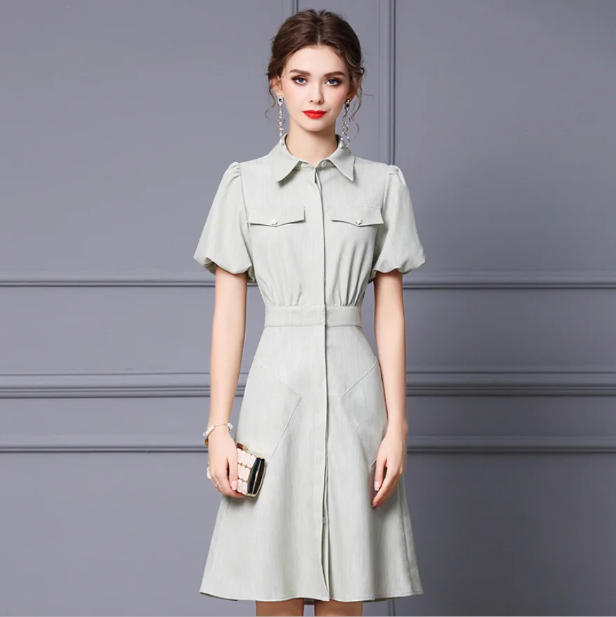 

Summer Shirt Collar Woman Light Green A-Line Dress Lantern Sleeve Slim Waist Short Skirt Ladies OL Elegant Simple Grace Dresses