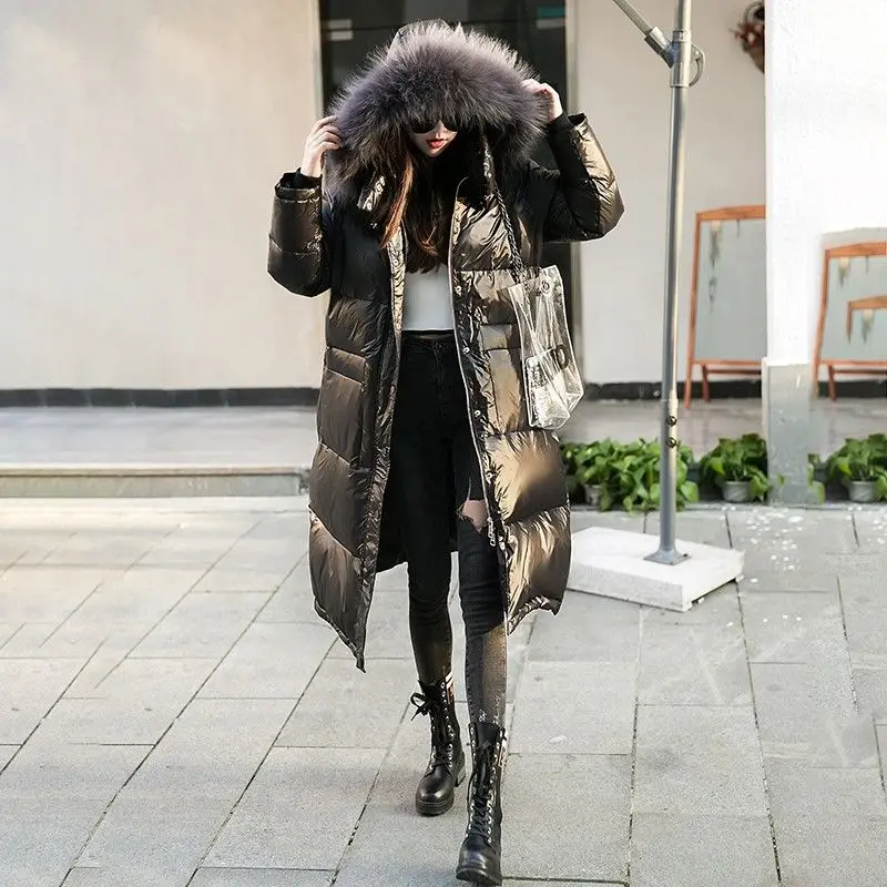 Женское длинное Свободное пальто с большим меховым воротником из 100% меха енота