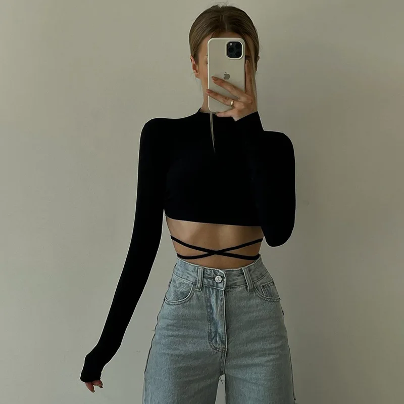 

Sexy Backless Zebra Print Women Top Fashion Elegant Long Sleeve Cropped Top T-Shirts Autumn Slim Bandage Top Tees