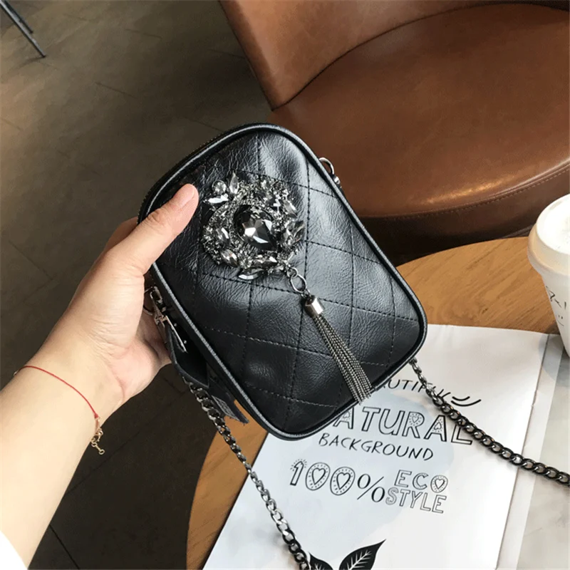 

Женские мини-сумки на плечо, сумки для телефона с кристаллами, черные сумки через плечо, сумки с кисточками, Женский кошелек, вечерние сумки