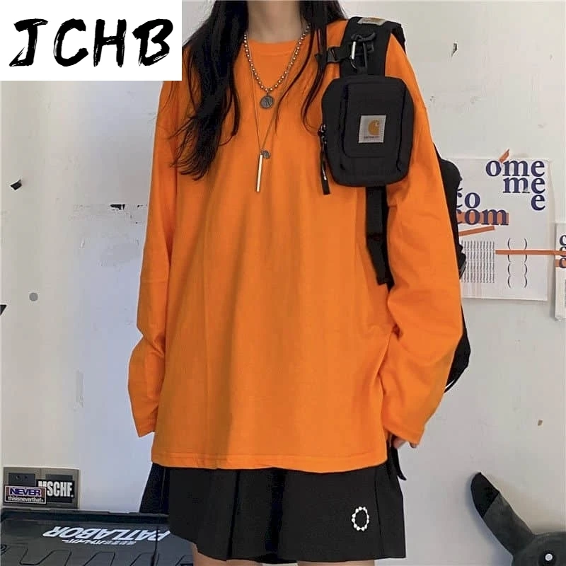 

2021 Long-sleeved Oversized T-shirt Women t Shirt Spring/autumn Bottoming Shirt Korean Loose Wild Solid Mid-length Top Trend Vin