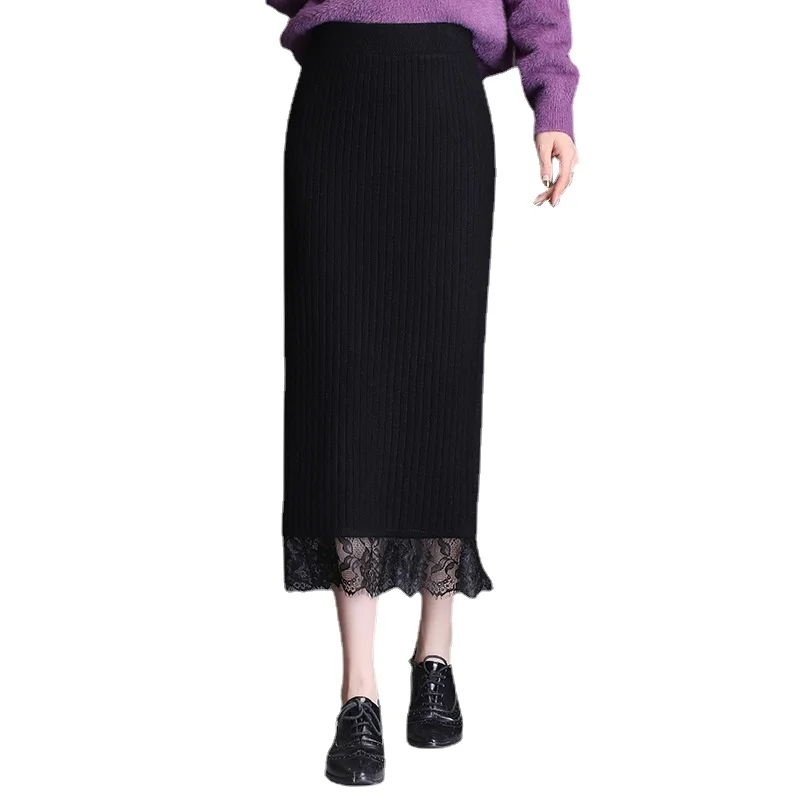 

Женская трикотажная юбка-карандаш с кружевом, черная винтажная элегантная облегающая Повседневная Длинная юбка с высокой талией, Осень-зим...