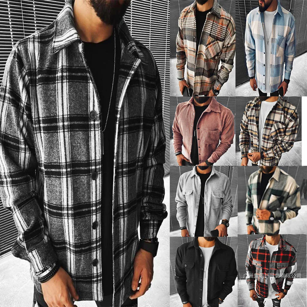 

Plaid Shirt Men Spring Fashion Large Size Pockets Long Sleeve Shirt Turn-down Collar Single-breasted Men Shirts LUGENTOLO