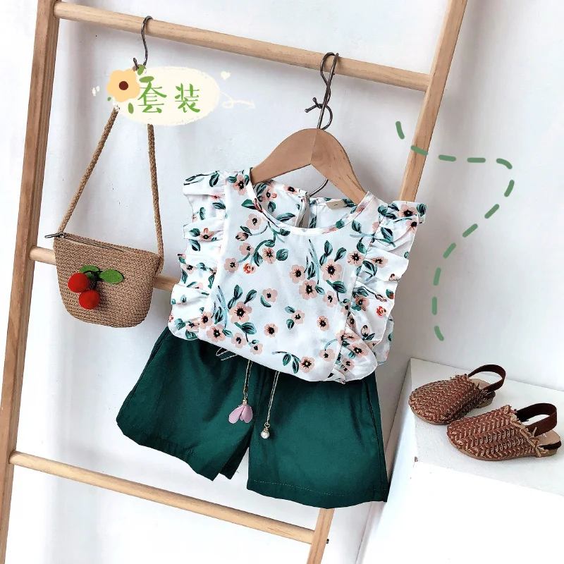 

Модная Повседневная Блузка для девочек из двух предметов, с кружевным принтом, свободные однотонные шорты, летняя детская одежда, наряды дл...