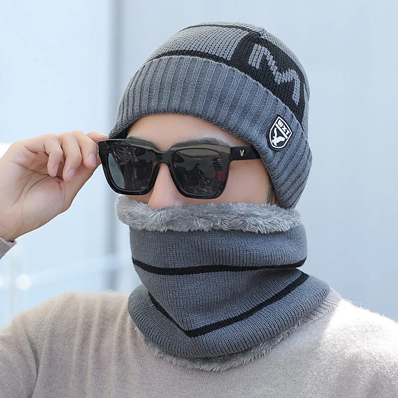 Осенне-зимняя мужская шерстяная теплая вязаная шапка уличная набор женских Плюс