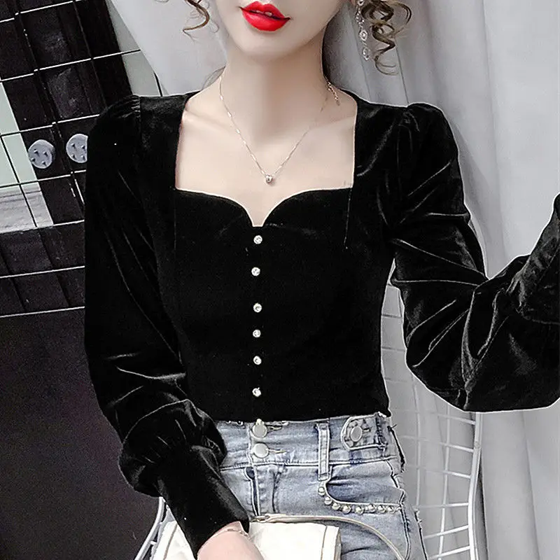 

Vintage velvet top women's 2021 spring new V-neck slim classic design shirt