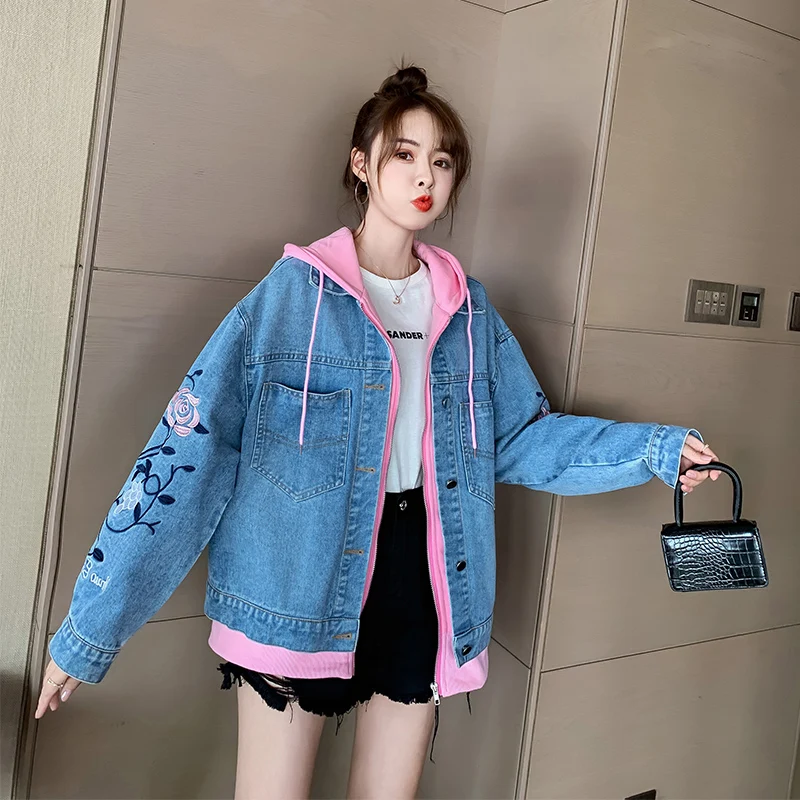 

jaqueta de jens Women's jacket autumn 2021 new Korean casual denim hooded jacket flower embroidery denim coat