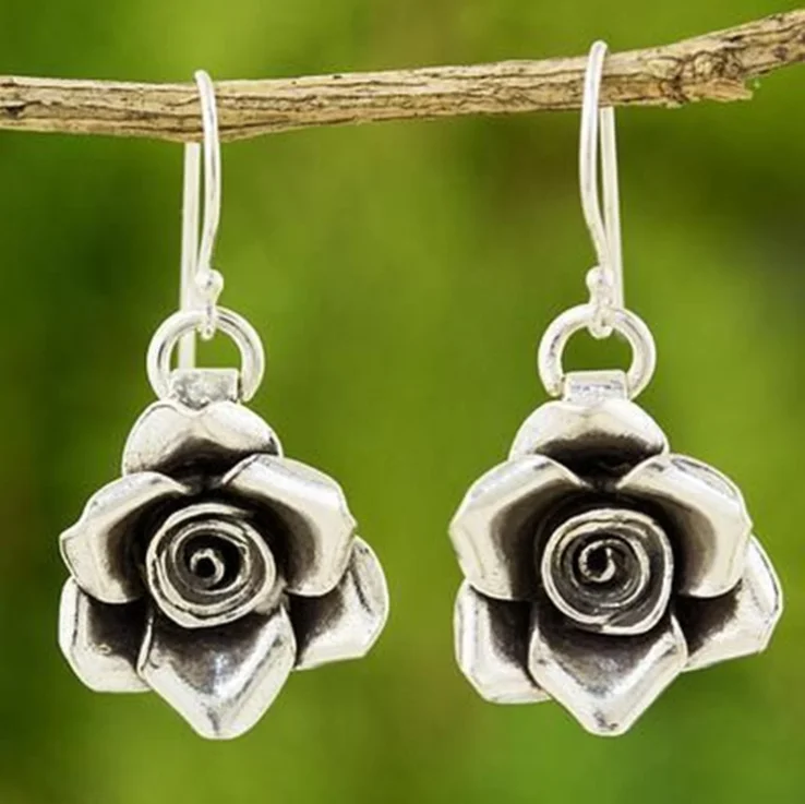 Vintage Silver Color Rose Flower Dangle Earrings for Women Boho Ethnic Hook  Female Wedding Party Jewelry Wholesale