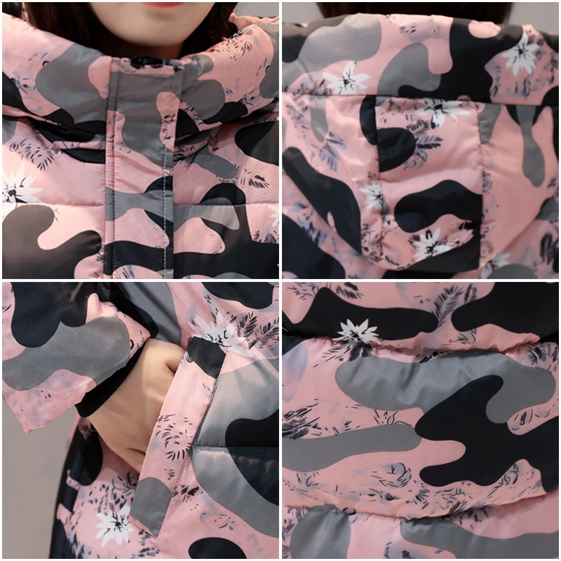 

Women's Long Puffer Coat Printing Loose Winter Female Jacket Hooded Casual Stand Collar Cotton Padded Thick Parkas