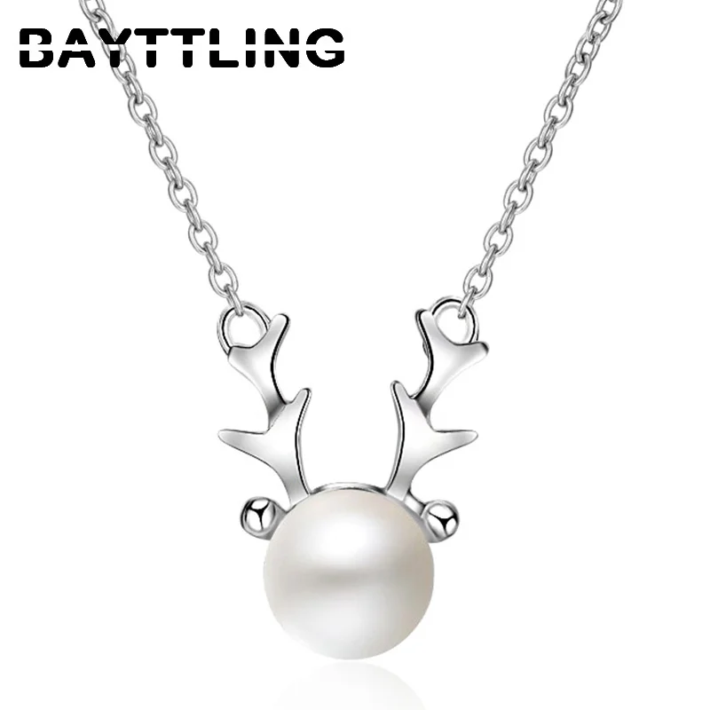 

BAYTTLING 925 Sterling Silver Round Pearl Cute Antler Pendant Necklace For Woman Fashion Wedding Engagement Jewelry Gift