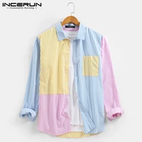men patchwork shirts long sleeve lapel camisa leisure striped colorful pockets chemise man loose buttons blusas s 3xl incerun 7