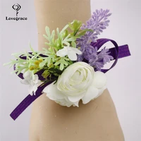 bracelets woman bridesmaid bracelet wedding corsage bangles purple ribbon white rose flowers wrist corsage men boutonniere