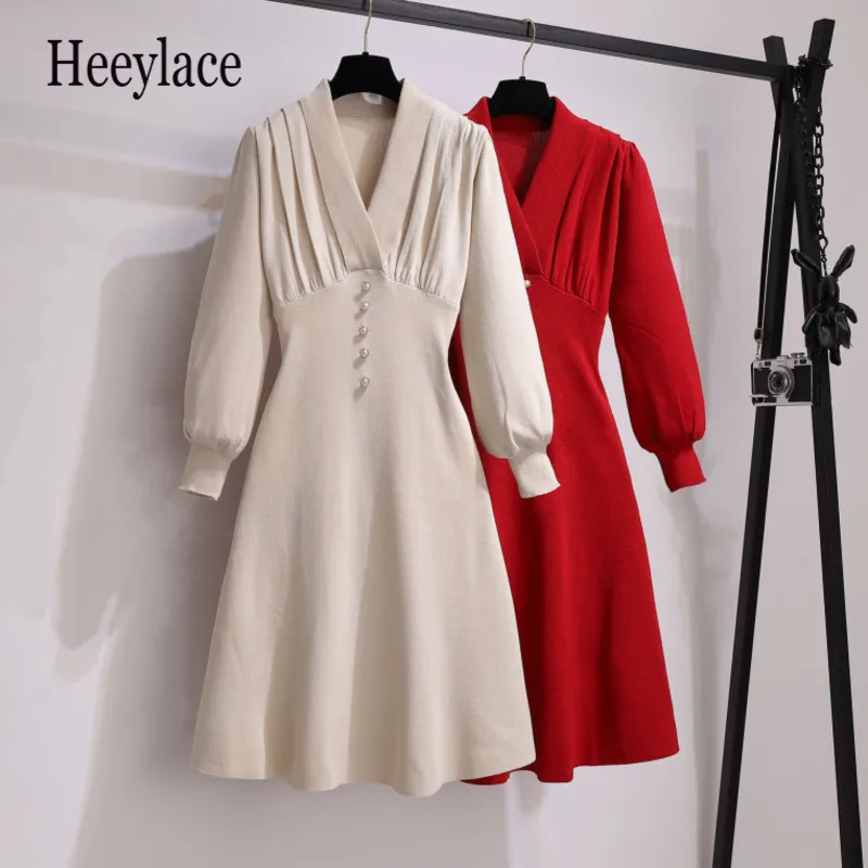 

Fall Winter Warm Knitted Sweater Dresses French Vintage Elegant Long Sleeve High Waist Slim A-line Knitting Vestidos Korean Robe