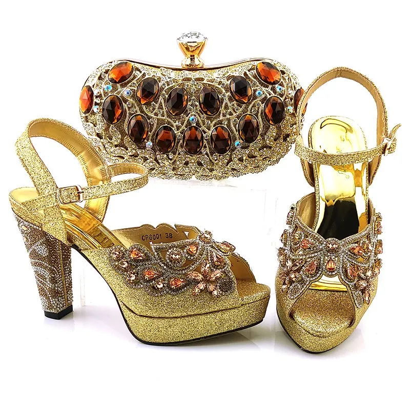 

New Fashion Black Sandals And Handbag With Stones Lady Evening Party Shoes With Purse Bag Sets CP6001 Heel Height 11CM