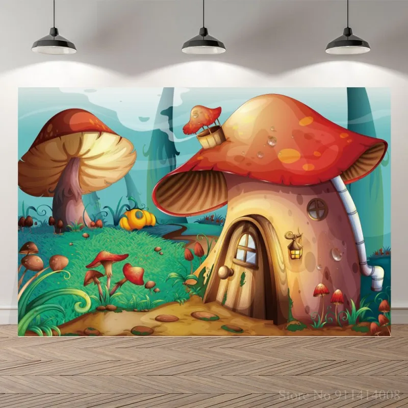 

Mushroom Backdrops Fairytale Forest Tree House Baby Party Decor Portrait Photographic Backgrounds Photocall Photo Studio