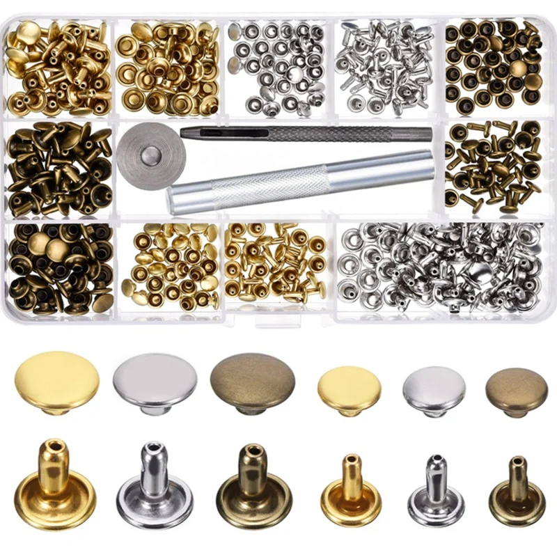 180 Set Leather Rivets Double Cap Rivet Tubular Metal Studs with 3 Pieces Fixing Tool for DIY Craft Replacement | Дом и сад