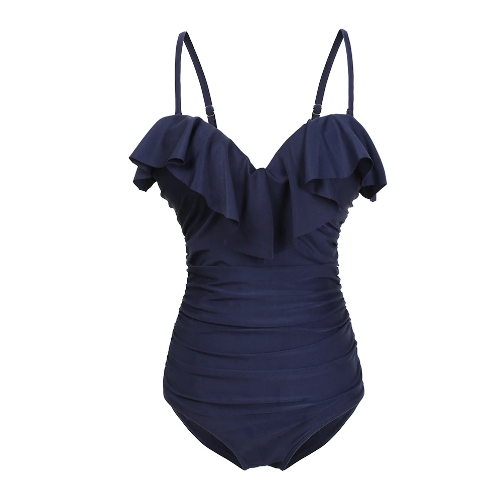 Женский цельный купальный костюм с рюшами синий купальник пуш-ап женский пляжная