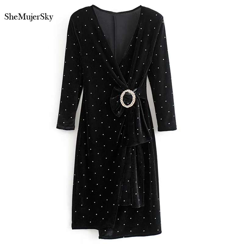 Осеннее черное бархатное платье SheMujerSky с запахом и V образным вырезом Серебряное