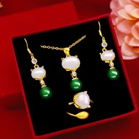 Natural Emerald 18K Gold Plated Necklace Drop Earring Jewelry Set for Women Green Gemstone Stone Pendant Jade Clavicle Necklaces