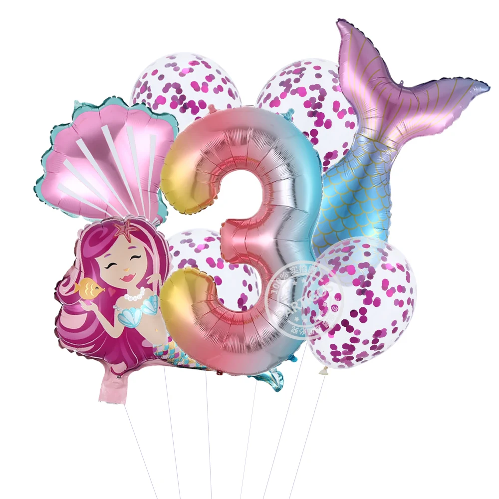 9pcs/lot Mermaid theme Birthday Party Decoration kids pink purple confetti Balloons 40inch Number Balloon For girl mermaid tail | Дом и сад