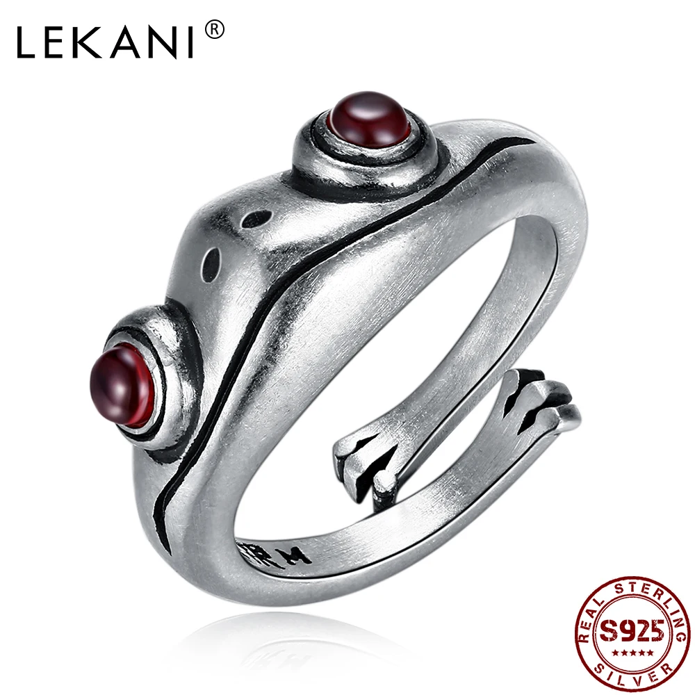 

LEKANI 925 Sterling Silver Vintage Frog Ring Neo-Gothic Animal Unisex Red Garnet Stone Open Rings For Men Aesthetic Jewelry