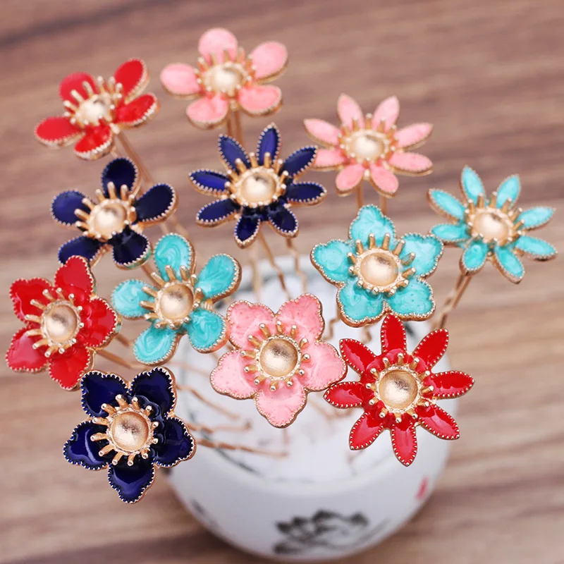 

10 PCS 23mm Enamel Flowers Hair Sticks Inner 8mm Metal Alloy Hair Fork DIY Headwear Accessories For Jewelry Making