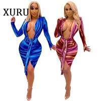 xuru european and american nightclub dress colorful printing sexy v neck long sleeve dress