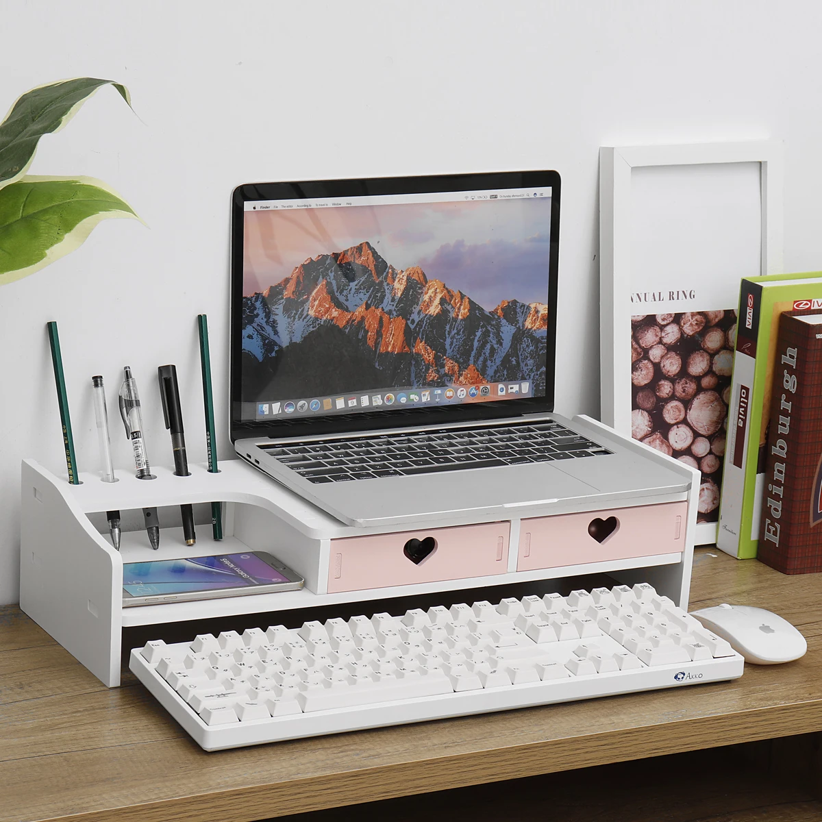 

Pink Monitor Laptop Stand Monitor Support Computer Stand Wood Monitor Riser Desktop Shelf 3 Drawers PVC Screen Riser Holder NEW