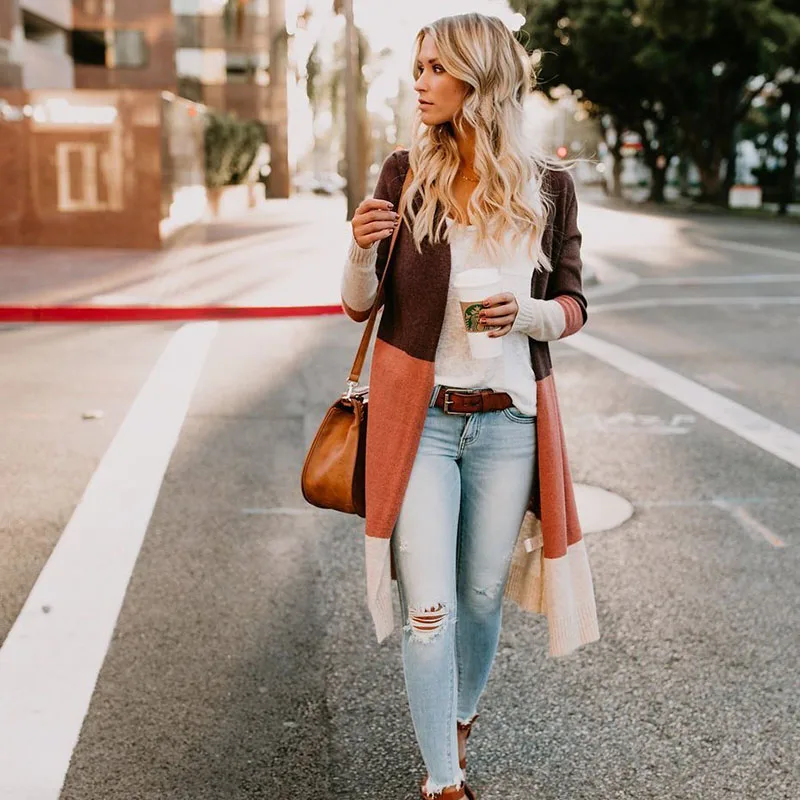 Autumn and winter casual long-sleeved three-color stitching cardigan women's clothing |