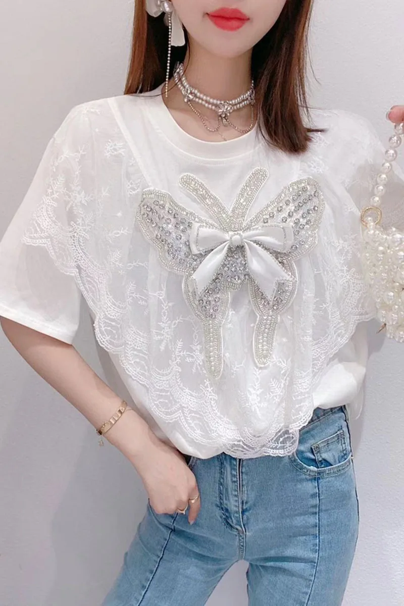 

Kawaii Girl Summer New Beaded Rhinestone Butterfly Bow Lace Ruffled Stitching T-shirt Women Loose Short Sleeve T-shirt Top