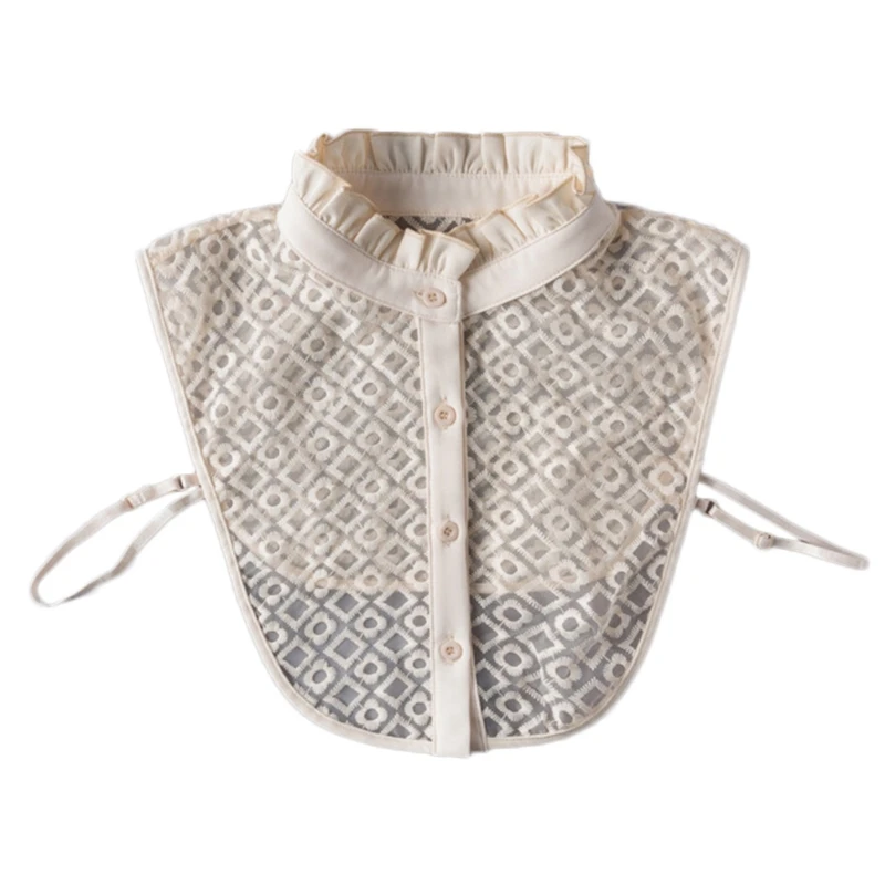 

Women Ruffled Lace Apricot False Collar Elegant Plaid Square Floral Pattern Embroidery Half Shirt Detachable Dickey